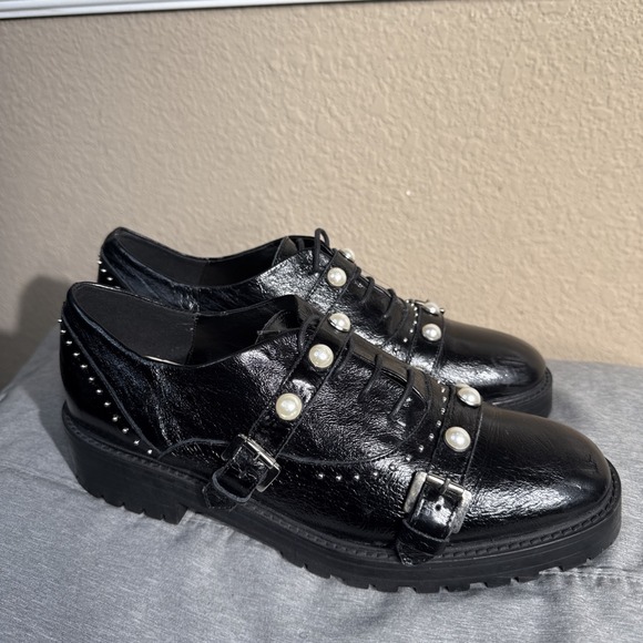 Zara Patent Leather Shoes Women Size 39, 8 Black Stud Pearl Oxford Lug Sole Prep - Picture 3 of 7